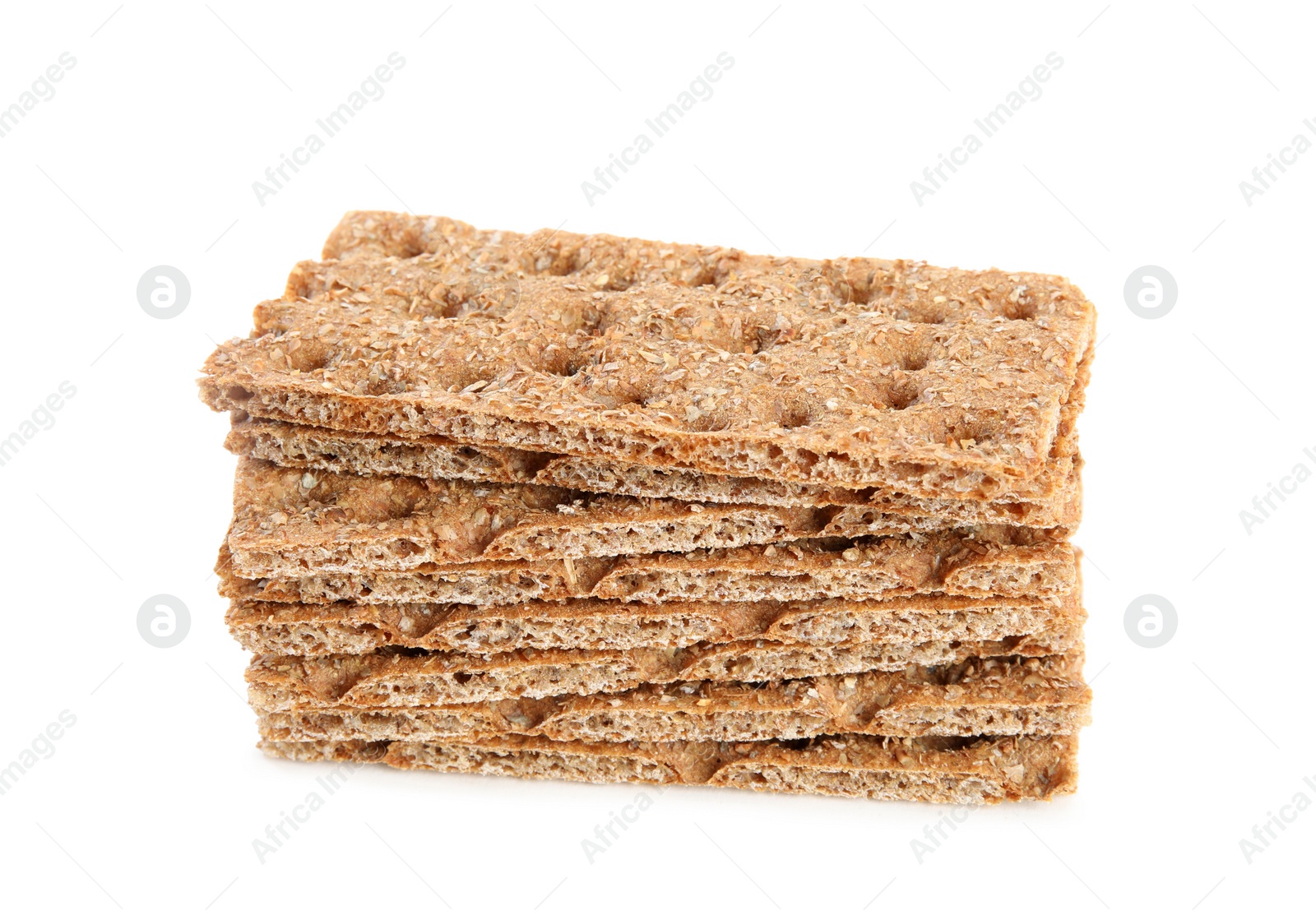 Photo of Pieces of crunchy rye crispbreads on white background