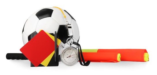 Photo of Football referee equipment. Soccer ball, flags, stopwatch, cards and whistle isolated on white