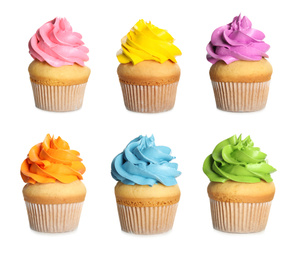 Image of Set of delicious birthday cupcakes on white background