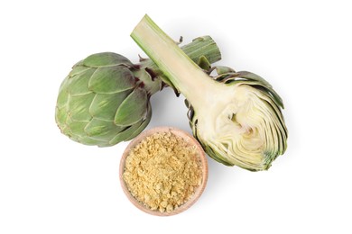 Photo of Fresh artichoke and powder isolated on white, top view