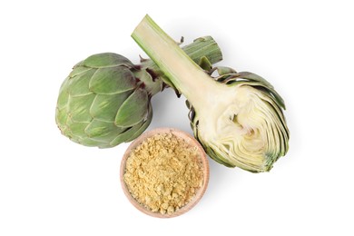 Fresh artichoke and powder isolated on white, top view