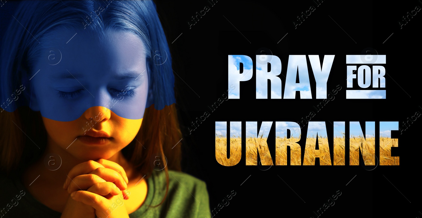 Image of Pray for Ukraine. Phrase and little girl on black background, skin toned in colors of Ukrainian flag. Banner design