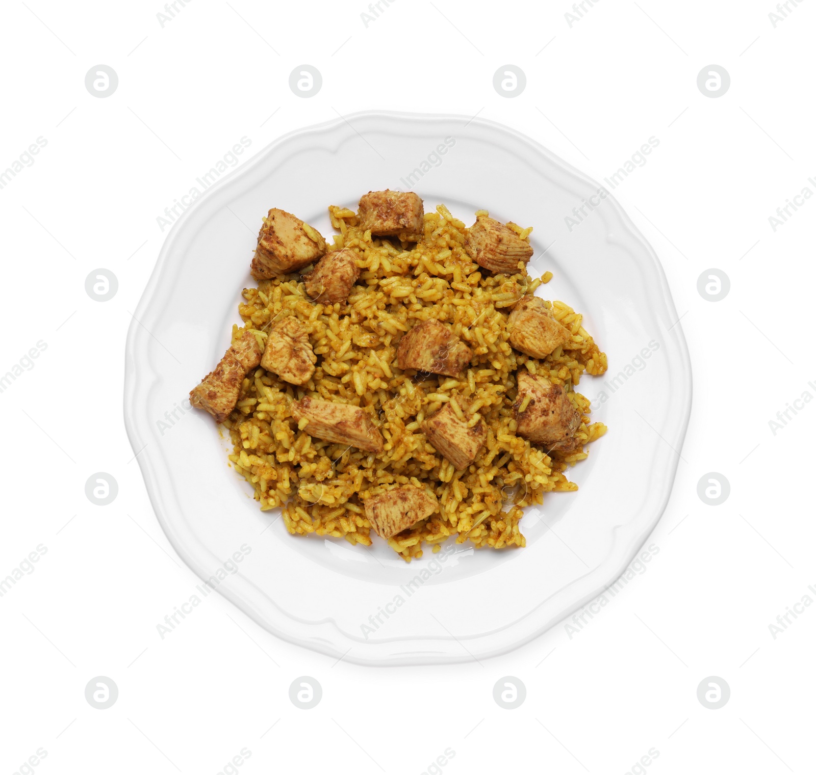 Photo of Plate of delicious rice with chicken isolated on white, top view