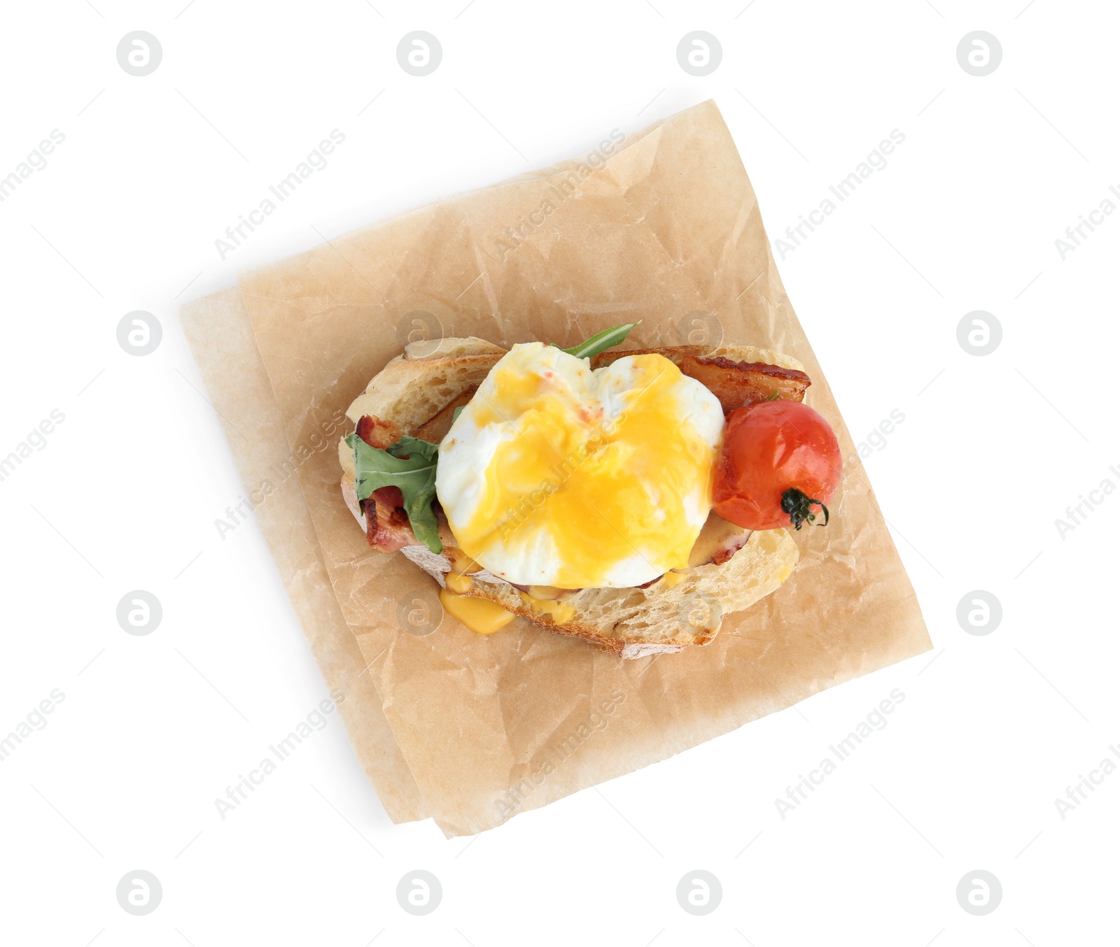 Photo of Fresh delicious egg Benedict isolated on white, top view