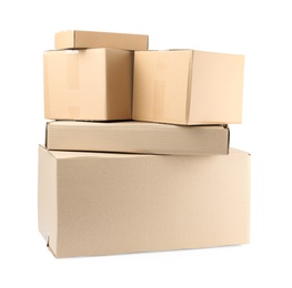 Photo of Pile of cardboard boxes on white background