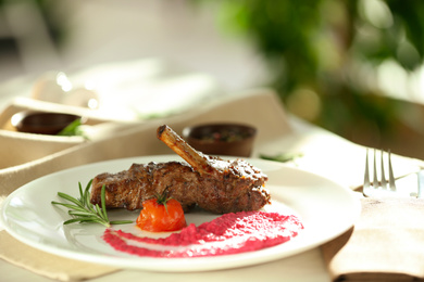 Delicious roasted rib served on white table