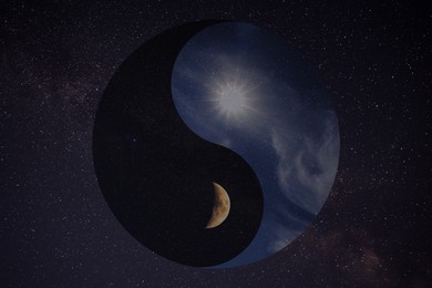 Image of Ying Yang symbol against starry sky. Feng Shui philosophy