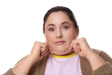 Woman with double chin on white background