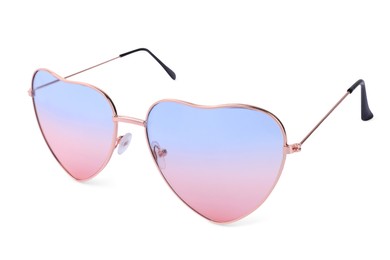 Stylish heart shaped sunglasses isolated on white. Fashion accessory