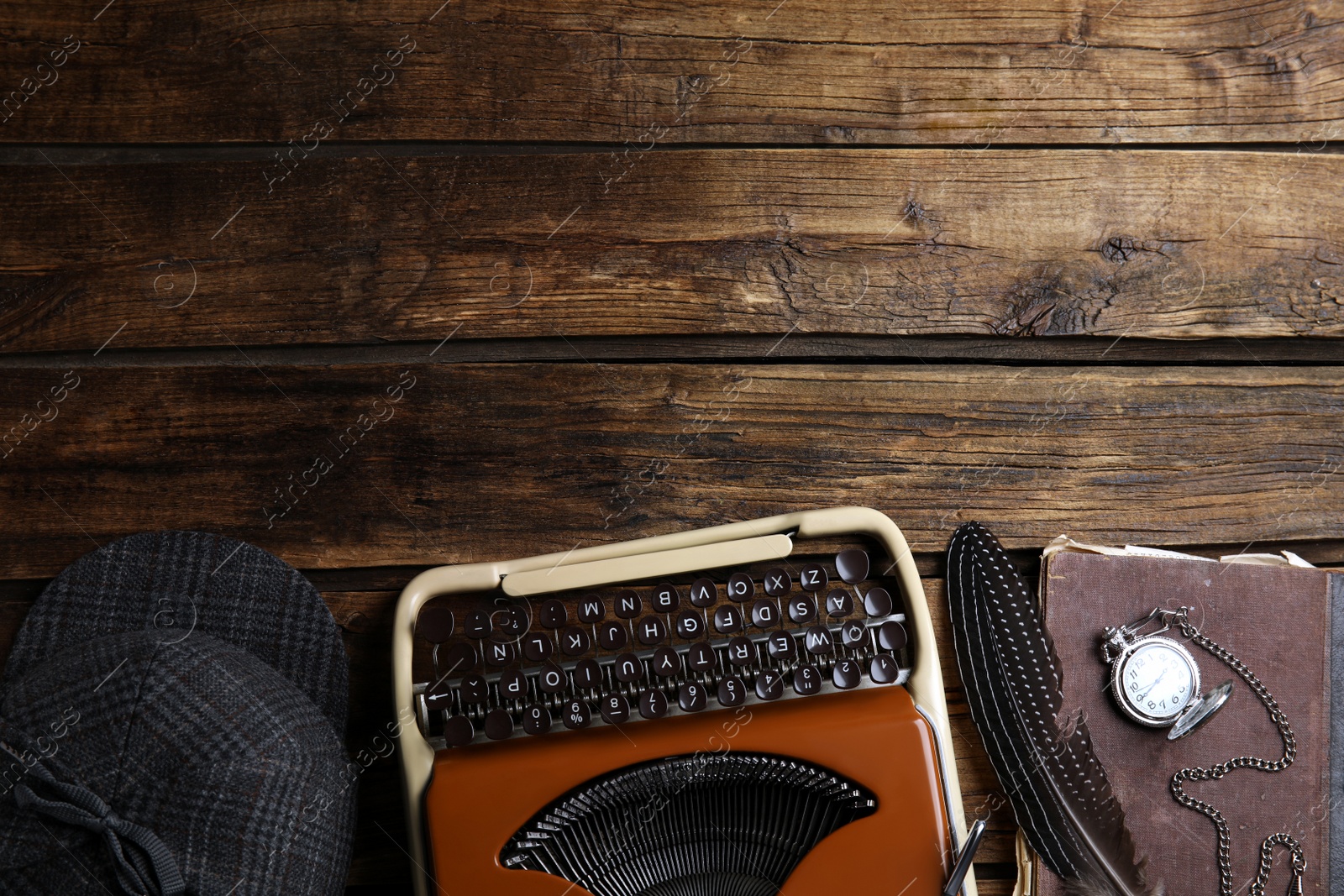 Photo of Composition with different vintage items on wooden background, space for text. Detective layout