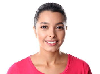 Photo of Young woman with healthy teeth on white background