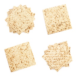 Image of Set with Passover matzos on white background, top view. Pesach celebration