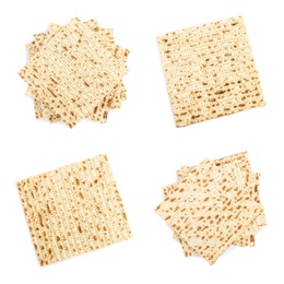 Set with Passover matzos on white background, top view. Pesach celebration