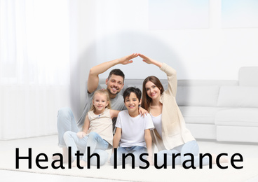 Image of Happy family forming house roof with their hands at home. Health insurance