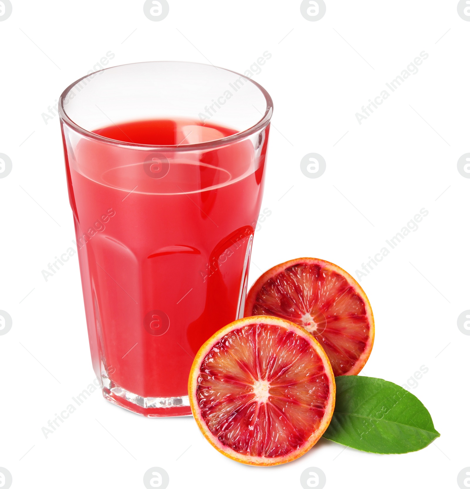 Photo of Tasty sicilian orange juice in glass, fruit and leaf on white background