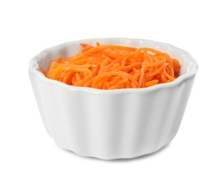 Photo of Delicious Korean carrot salad in bowl isolated on white