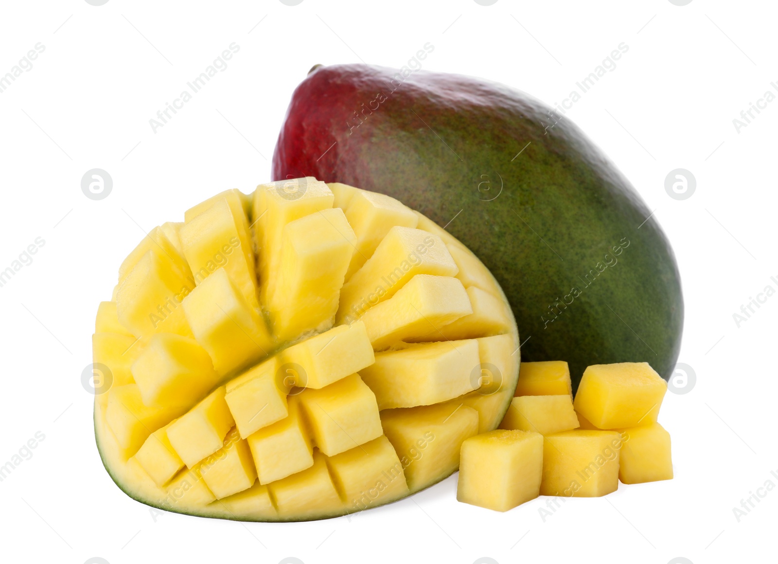 Photo of Cut and whole ripe mangoes isolated on white