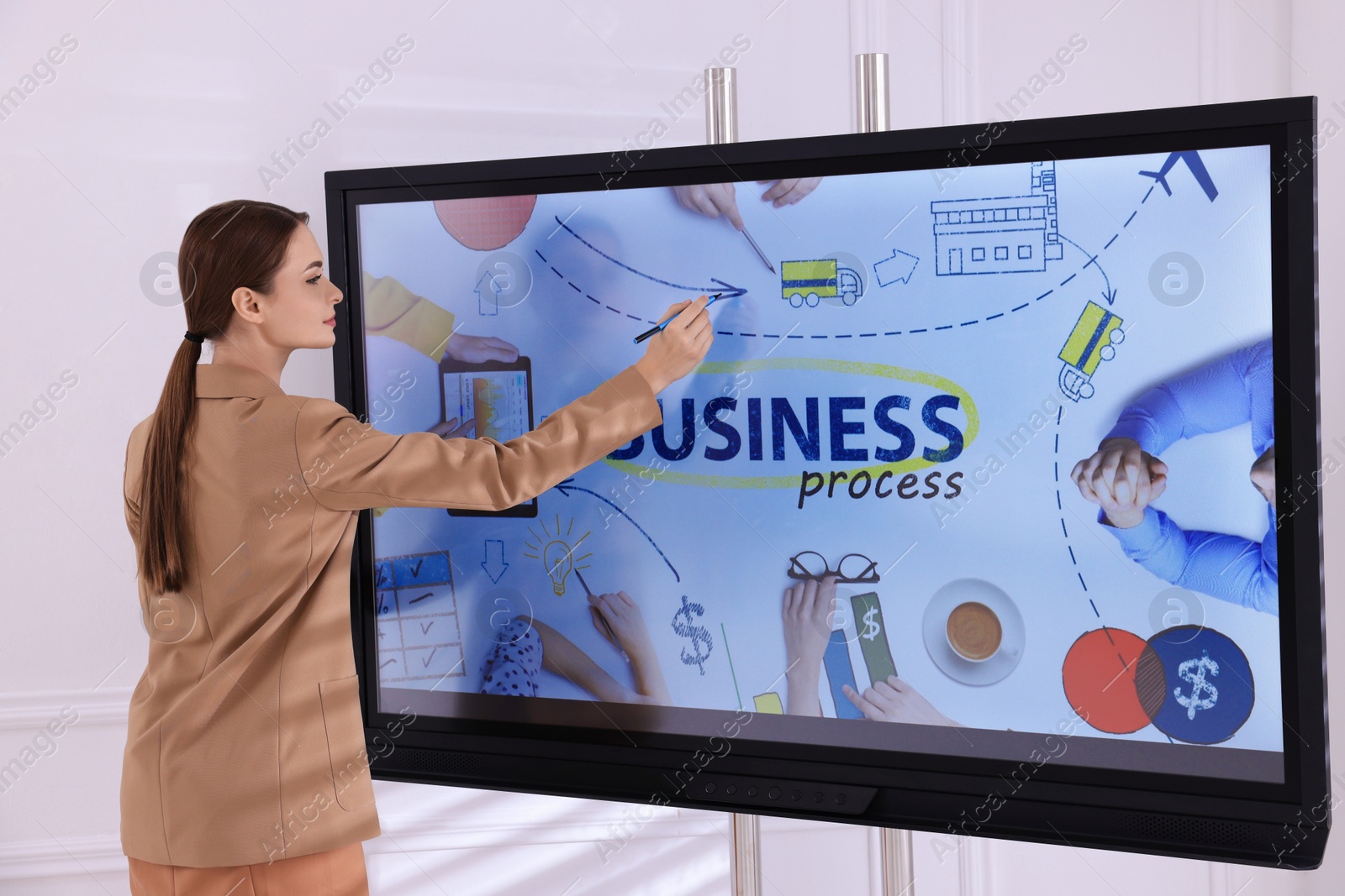 Photo of Business trainer using interactive board in meeting room