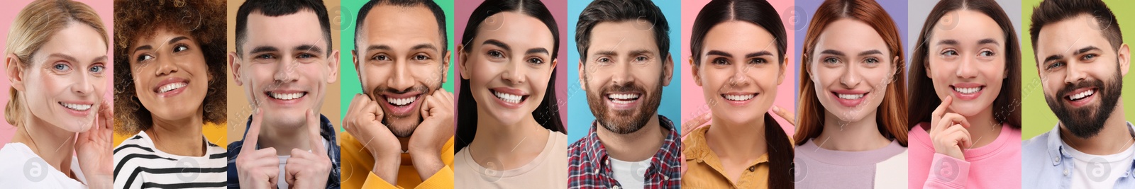 Image of People with showing white teeth on different color backgrounds, collage of photos