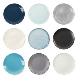 Image of Different clean plates isolated on white, top view