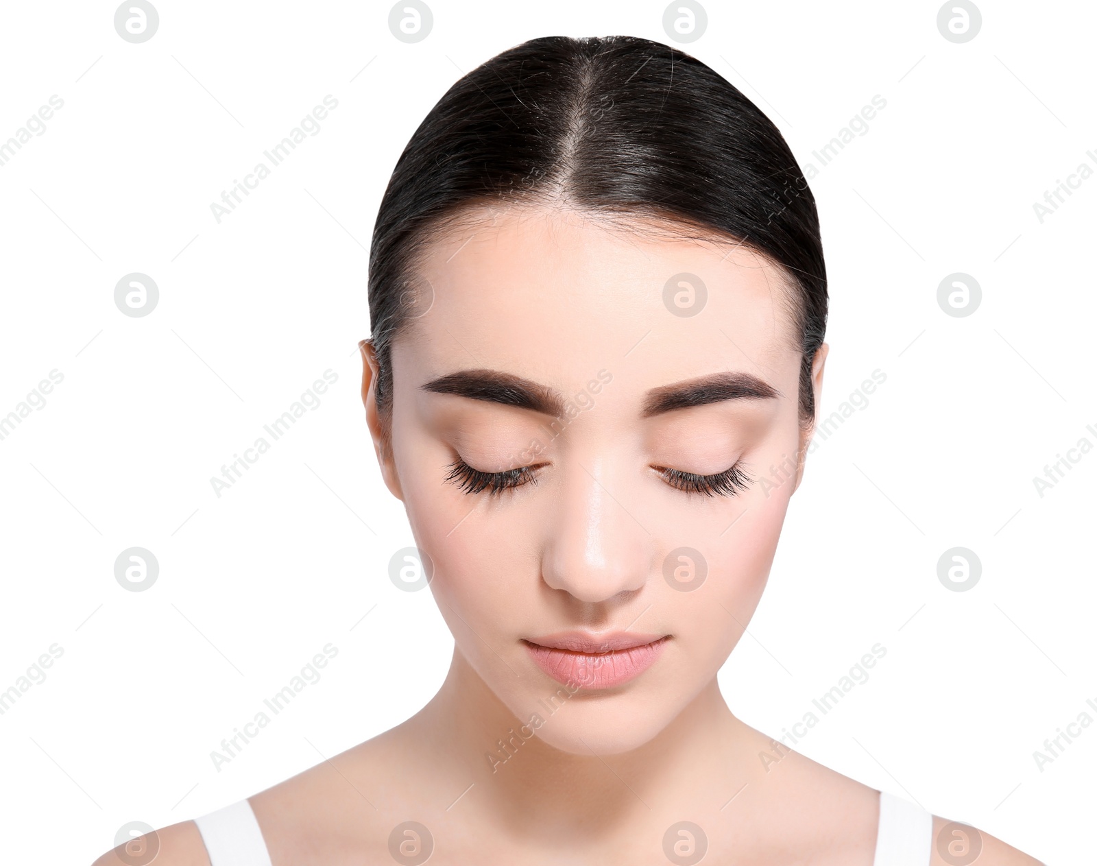 Photo of Beautiful woman with perfect eyebrows on light background