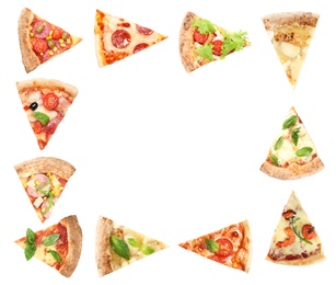 Image of Frame of pizza pieces on white background
