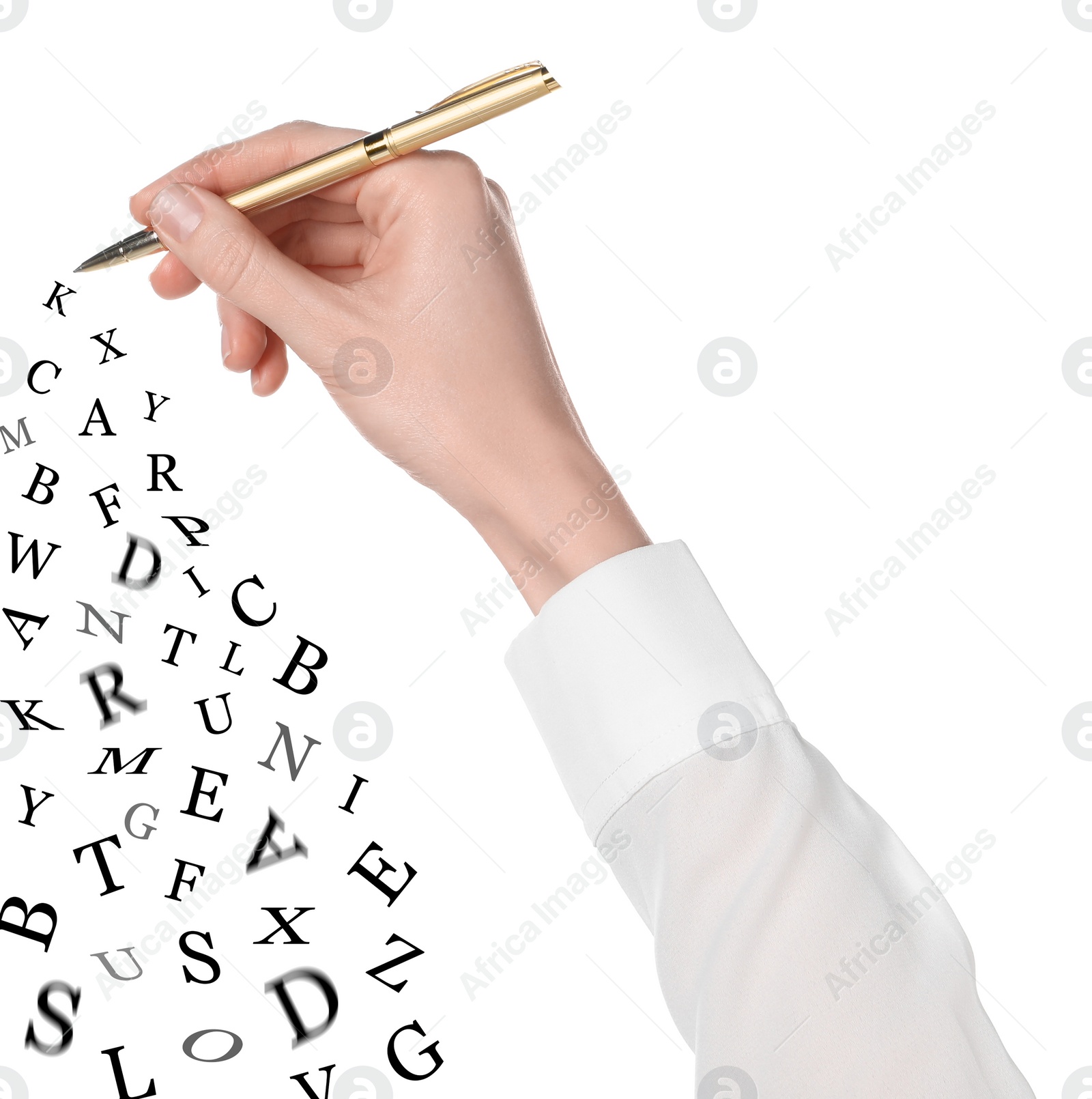 Image of Woman writing letters and they flying away on white background, closeup