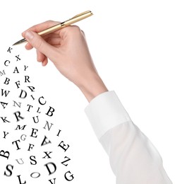 Image of Woman writing letters and they flying away on white background, closeup