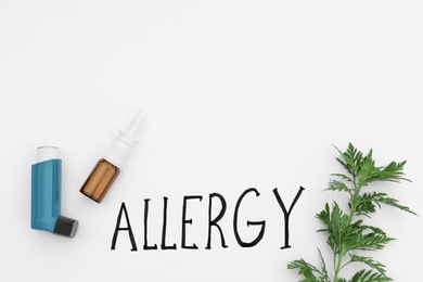 Photo of Ragweed plant (Ambrosia genus), asthma inhaler, medicament spray and word "ALLERGY" written on white background, top view