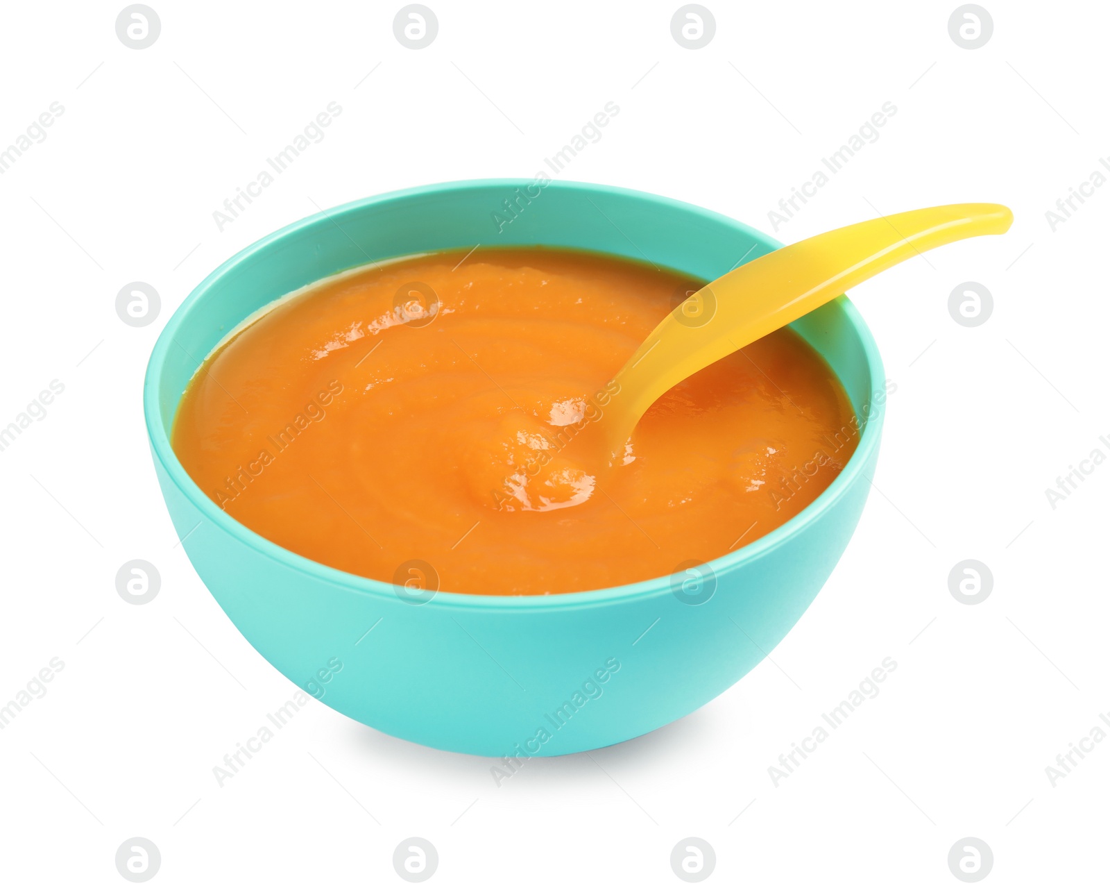 Photo of Bowl of healthy baby food on white background