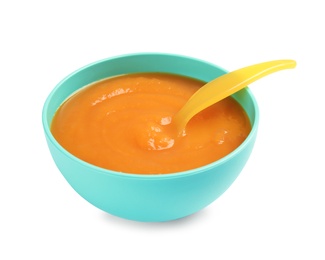 Photo of Bowl of healthy baby food on white background