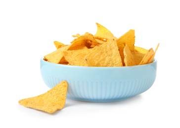 Ceramic bowl of Mexican nachos chips on white background