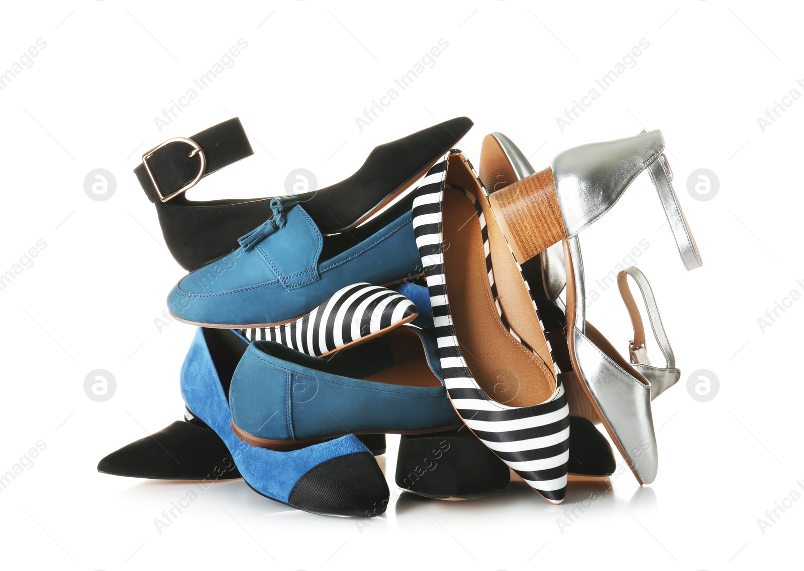 Photo of Many different female shoes on white background