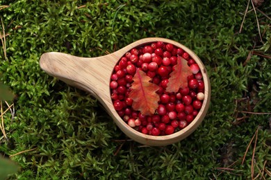 Photo of Many tasty ripe lingonberries and autumn leaves in wooden cup outdoors, top view