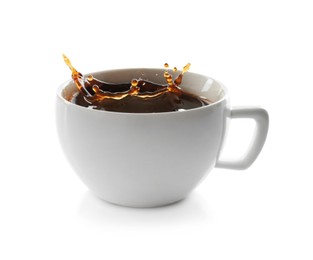 Photo of Coffee splashing out of cup on white background
