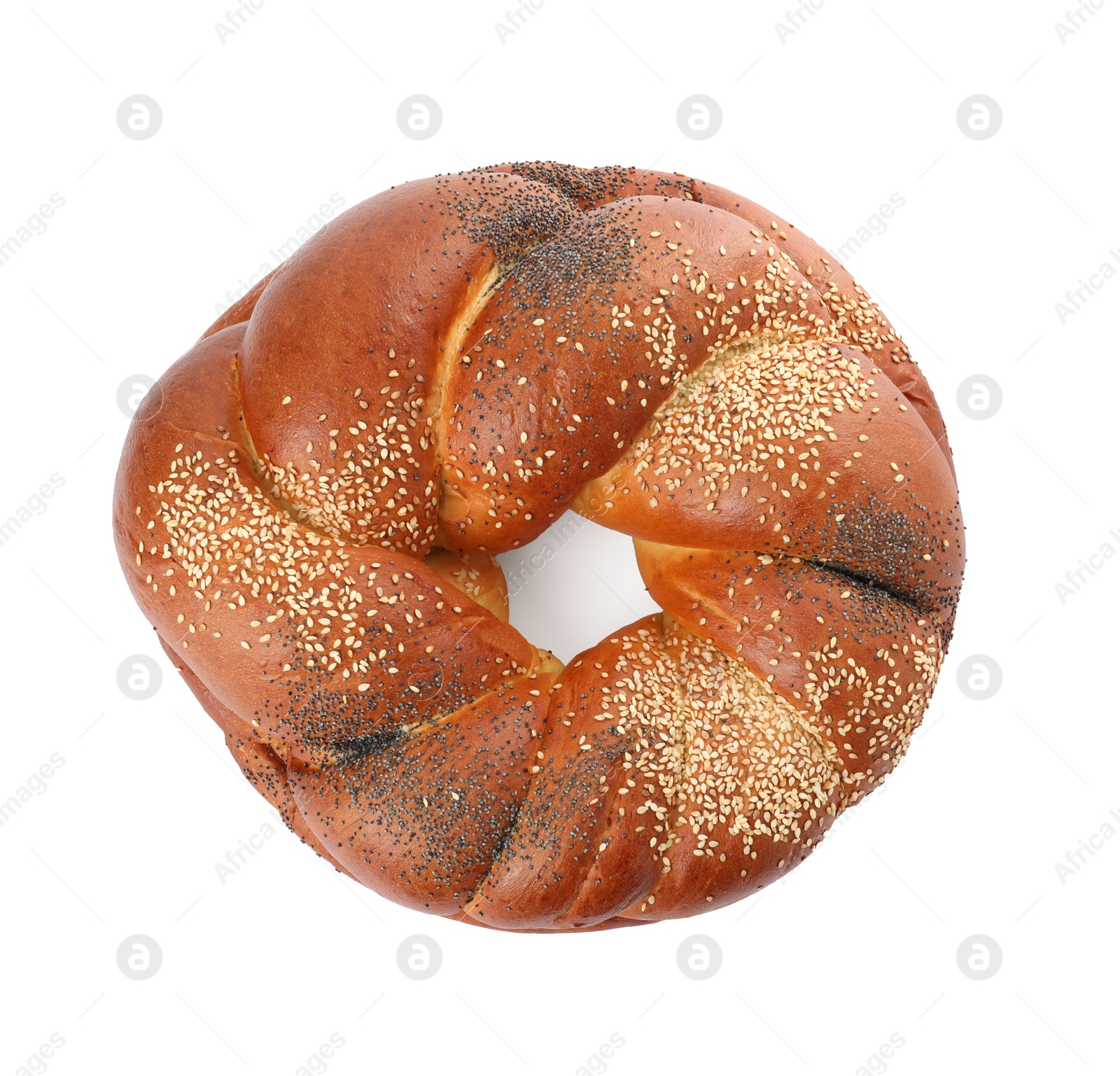 Photo of Round braided bread isolated on white, top view. Fresh pastry