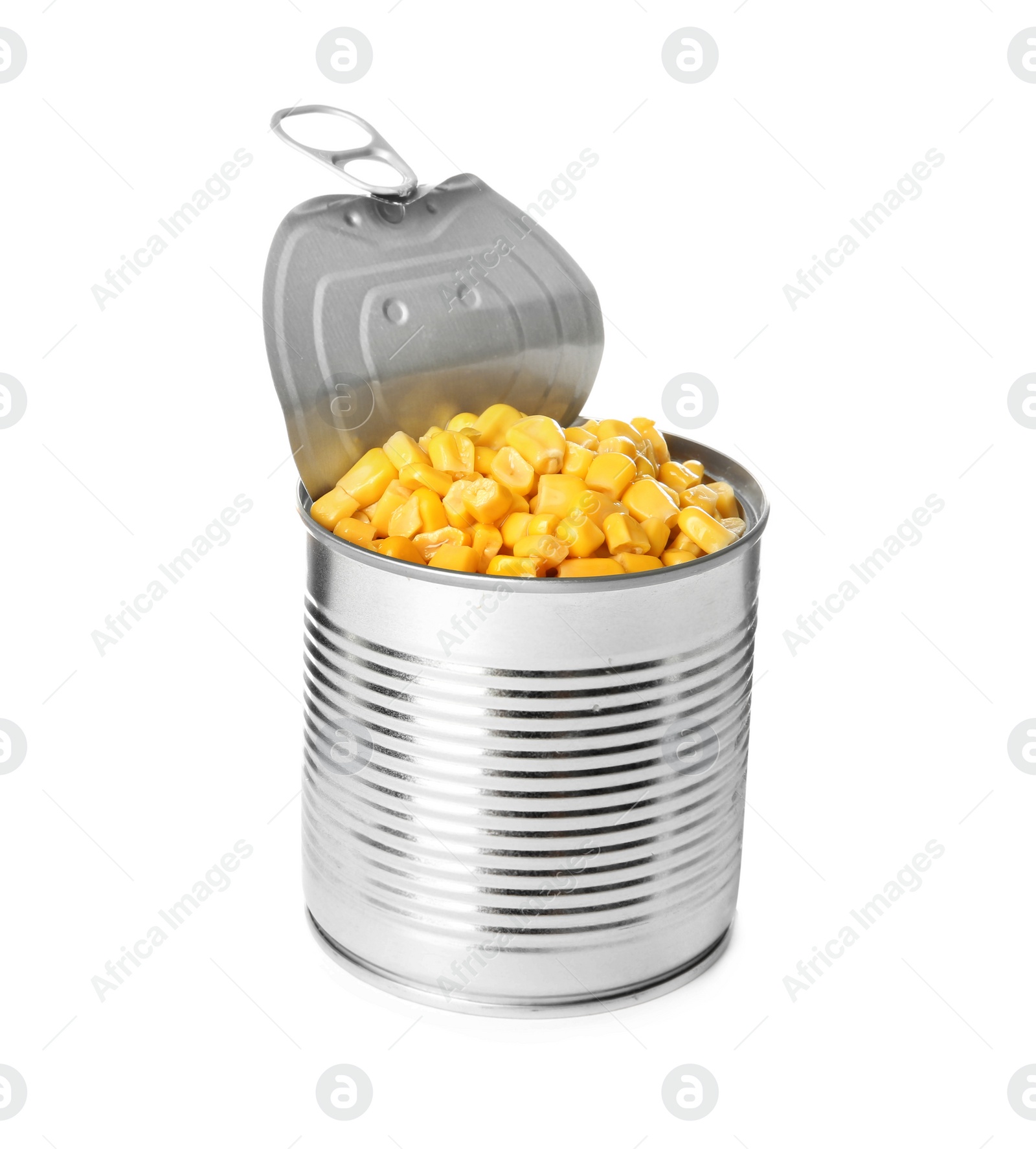 Photo of Open tin can of corn kernels isolated on white