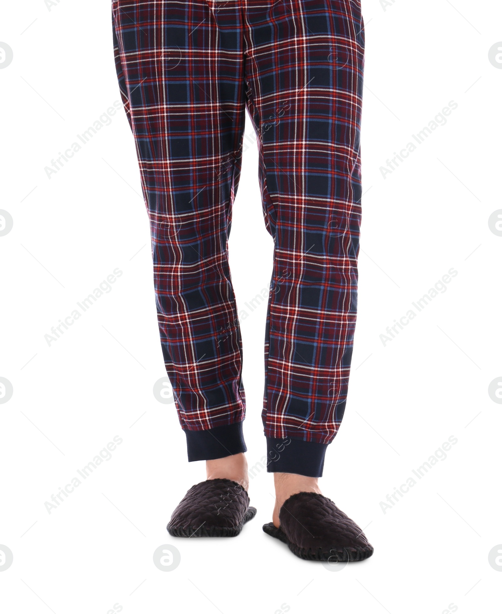 Photo of Man in warm soft slippers on white background, closeup