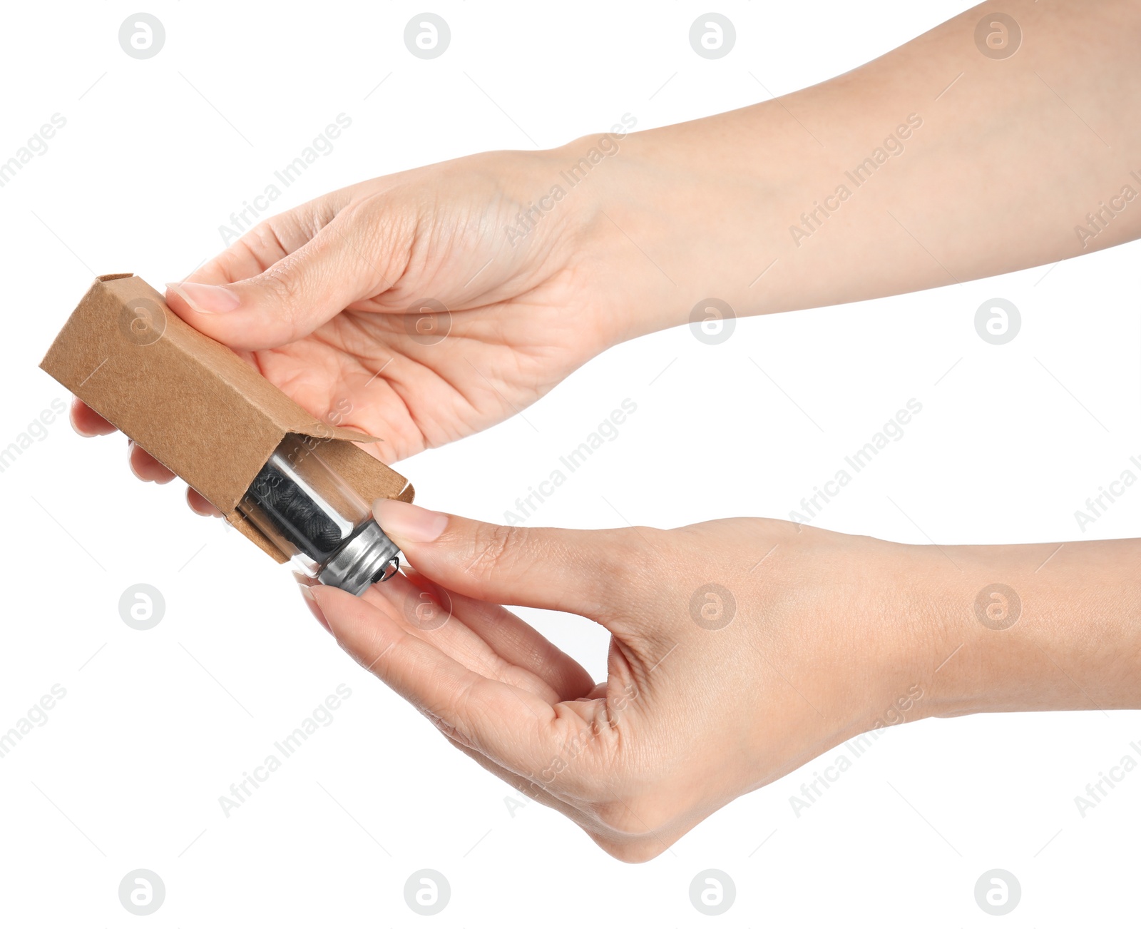 Photo of Woman holding natural dental floss on white background, closeup