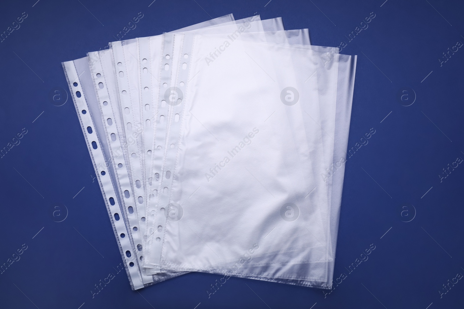 Photo of Punched pockets on blue background, flat lay