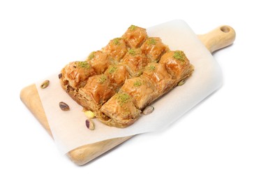 Photo of Delicious sweet baklava with pistachios isolated on white