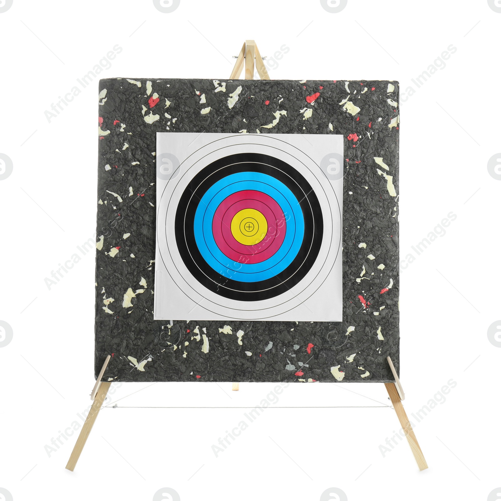 Photo of Tripod with archery target isolated on white