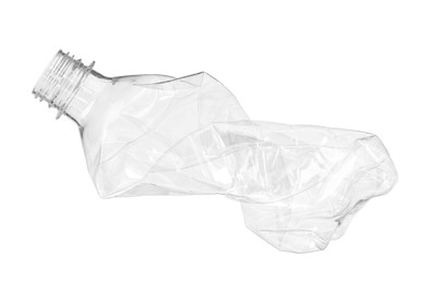 Photo of Crumpled disposable plastic bottle isolated on white