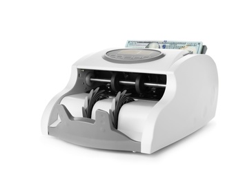 Photo of Modern electronic bill counter with money on white background