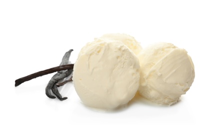 Photo of Balls of tasty vanilla ice cream and pods on white background