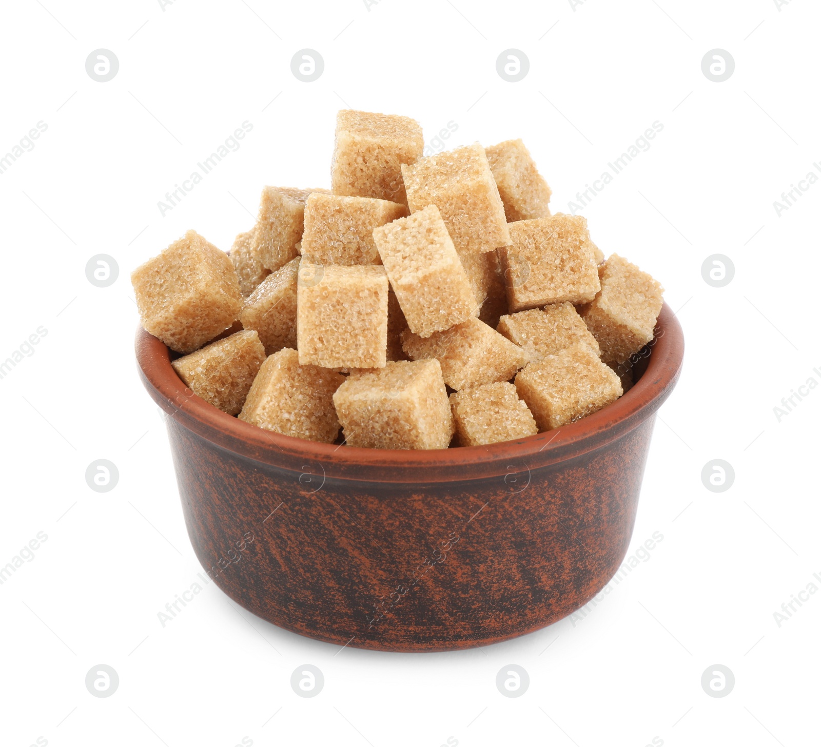 Photo of Bowl with cubes of brown sugar isolated on white