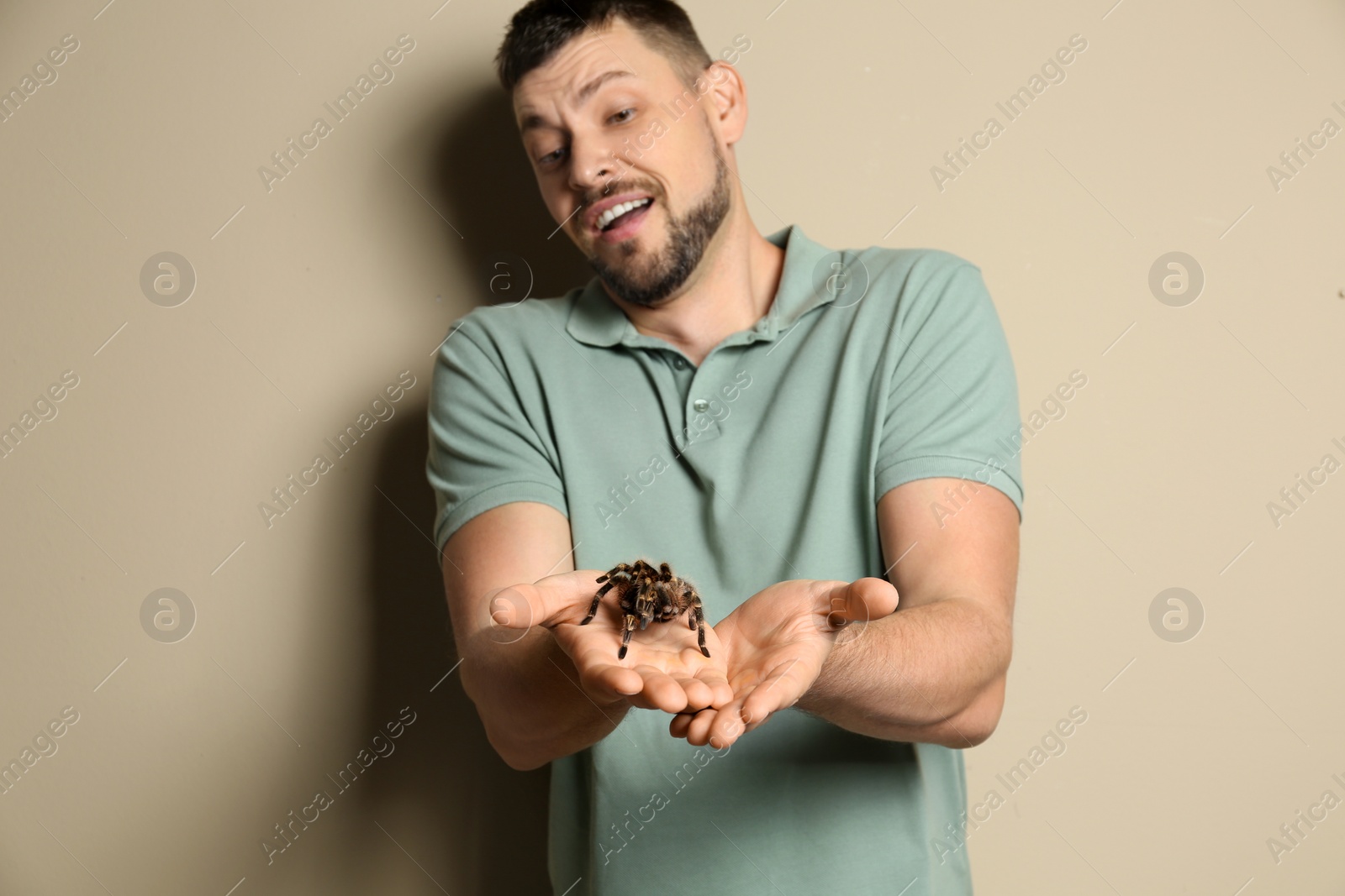 Photo of Scared man holding tarantula on beige background. Arachnophobia (fear of spiders)