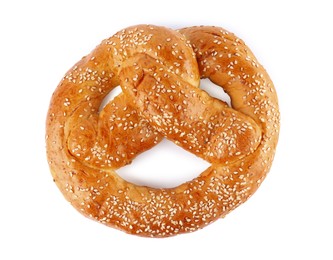 Photo of Tasty freshly baked pretzel isolated on white, top view