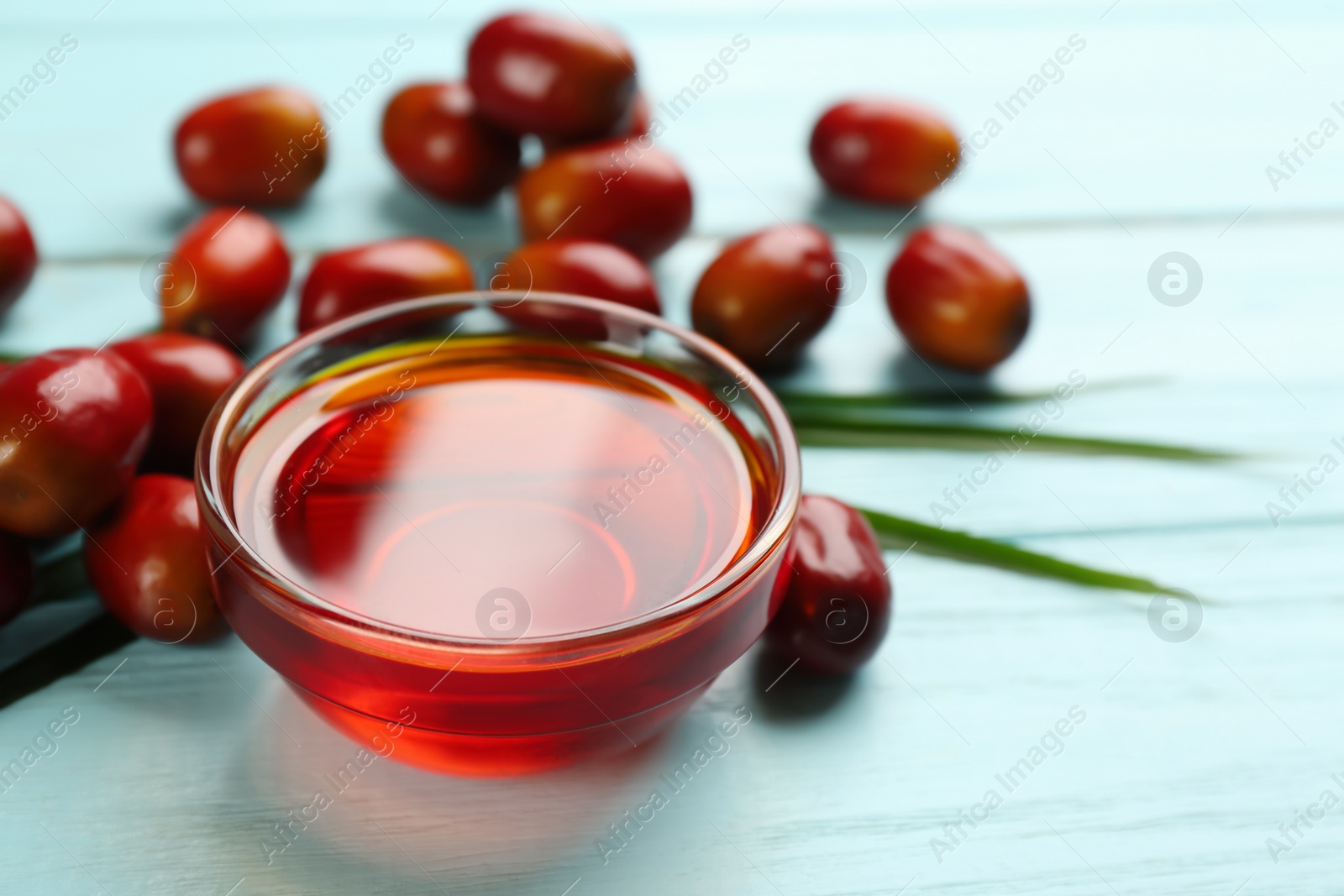 Photo of Palm oil in glass bowl, tropical leaf and fruits on light blue wooden table, closeup. Space for text