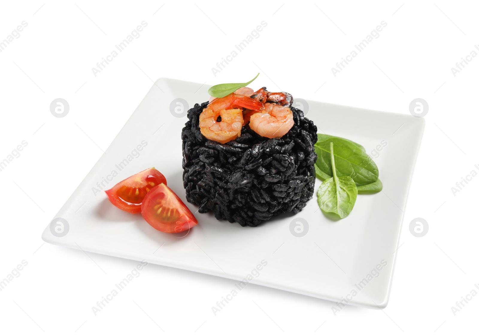 Photo of Delicious black risotto with seafood isolated on white